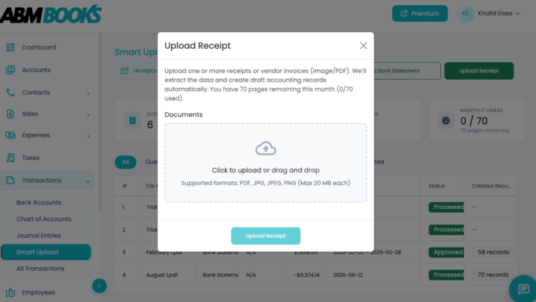 ABMBooks Smart Upload screen — bookkeeping for plumbers made simple