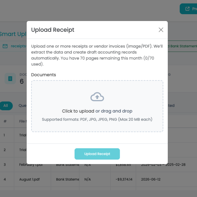 ABMBooks Smart Upload screen — bookkeeping for plumbers made simple